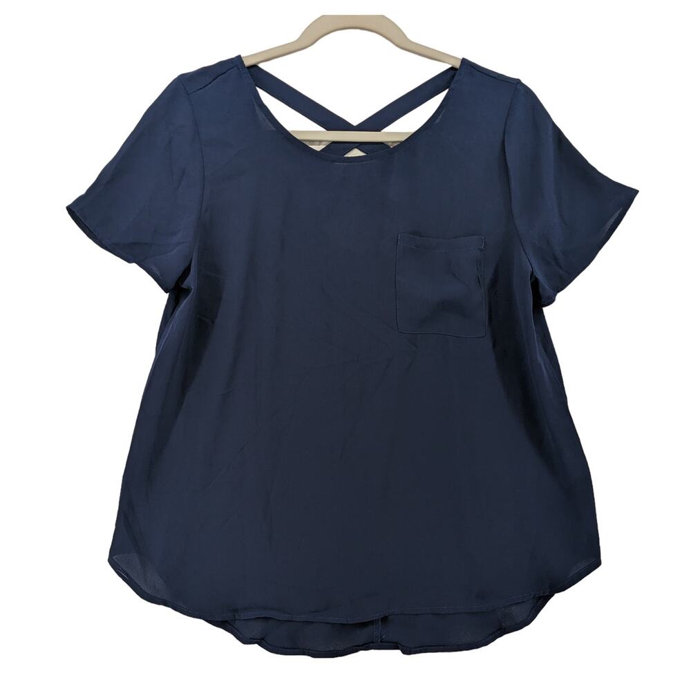 Lily White Draped Blouse Medium Navy Caged Back‎ Chest Pocket Rounded Neck Top